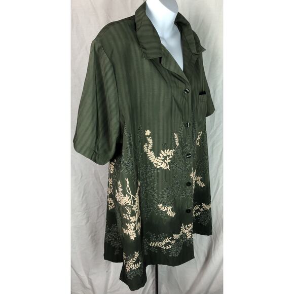 Sag Harbor Silky Top Blouse 20W Green Floral Stripe ButtonUp Hawaiian Career - Picture 2 of 5